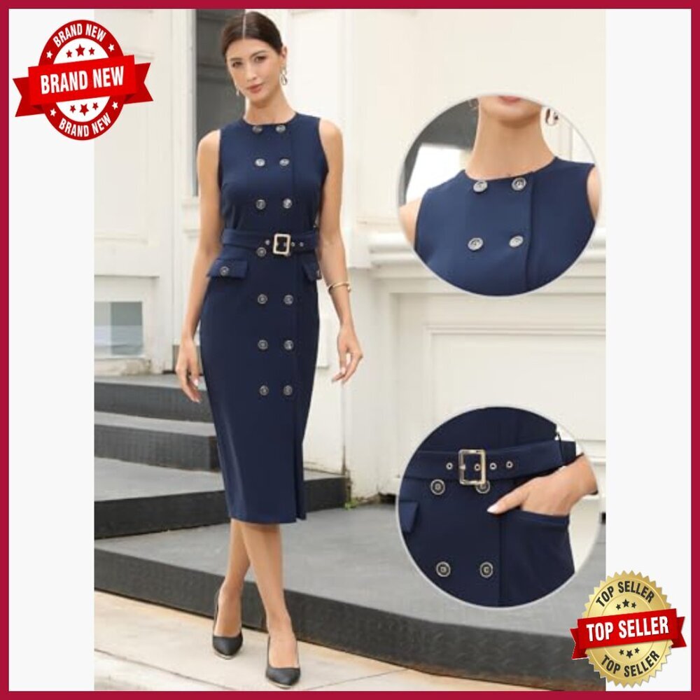 Sleeveless Double Breasted Pencil Work Dress with Belt, Polyester Spandex Blend - Picture 4 of 6